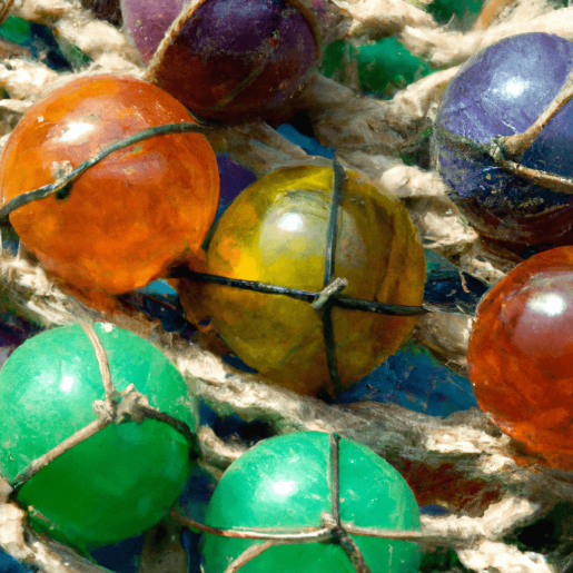 Bild von farbigen Glaskugeln, die in einem Netz aus Hanfstricken zusammengeknotet zusammen liegen. Jede Kugel ist einzeln eingebunden in das Netz.