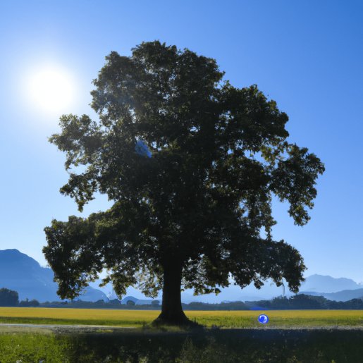 Bild eines großen, wunderschönen Baumes, der ganz zu sehen ist und allein auf einem Feld steht. Es ist Sommer und im Hintergrund sind schemenhaft Berge zu sehen. Der Himmel ist blau und die Sonne scheint durch die Zweige des Baumes. Vom Leben ausgebremst 